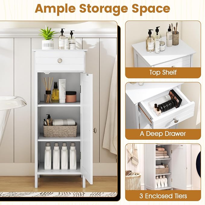 Giantex 34.5" Bathroom Cabinet with Drawer & Single Door (White) | Narrow Side Storage Organizer with 6 Shelf Positions, Freestanding Floor Storage Cabinet for Bathroom, Living Room, Entryway