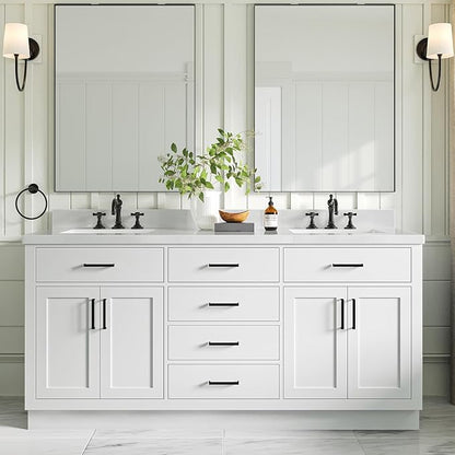 ARIEL Hepburn 72-inch Bathroom Vanity with Sink,Solid Wood, 1.5-inch Pure White Quartz Countertop & Backsplash, Double Rectangular Porcelain Sink, 4 Soft Closing Doors, 6 Dovetail Drawers, White