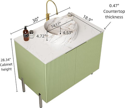 30" Bathroom Vanity with Sink, Modern Bathroom Vanities with Durable Marble Ceramic Basin and Sintered Stone Countertop, Soft Closing Door, Freestanding Bathroom Cabinet, Soft Green