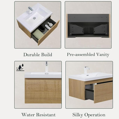 Floating Bathroom Vanity, 30" Wall Mounted Bathroom Cabinet with Glossy White Stone Resin Sink & U-Shaped Soft-Close Drawer, Pre-Assembled Striped Storage Vanity for Bathroom, Natural Wood