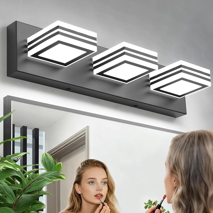 SOLFART LED Bathroom Vanity Light Fixtures： 3 Light Matte Black Modern Acrylic Bathroom Wall Lighting Fixtures Over Mirror Cool White 6000K