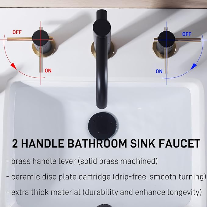 Black and Gold Bathroom Faucet 8 Inch Widespread with Strong-Core Swivel Spout 3 Hole 2-Handle Brass Lavatory Vanity Sink Faucet with Metal Overflow Drain, Matte Black and Brushed Gold