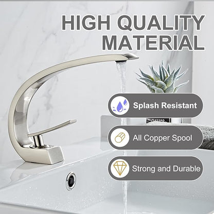 Wovier Brushed Nickel Bathroom Sink Faucet,Unique Design Single Handle Single Hole Brass Lavatory Vanity Faucet,Basin Mixer Tap with Supply Hose and Pop Up Drain Assembly