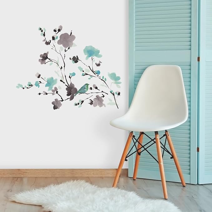 RoomMates Blossom Watercolor Bird Branch Peel and Stick Wall Decals, Multi Color, Vinyl, 33-in x 26.75-in, Made in USA