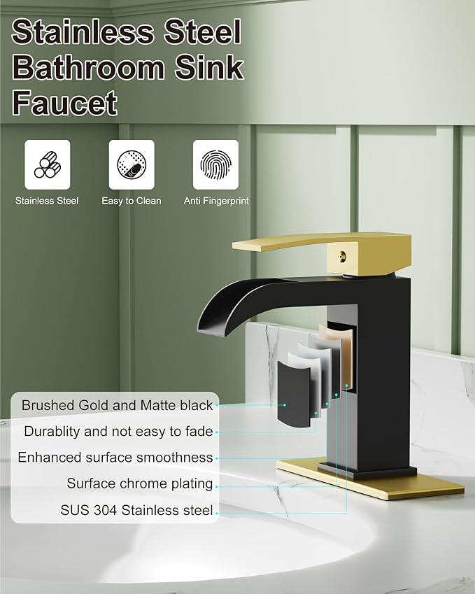 Midanya Waterfall Bathroom Faucet, Single Handle Bathroom Sink Faucet for Sink 1 or 4 Inch 3 Hole, Stainless Steel Vanity Faucets with Deck Plate and Pop up Drain,Brushed Gold and Matte Black