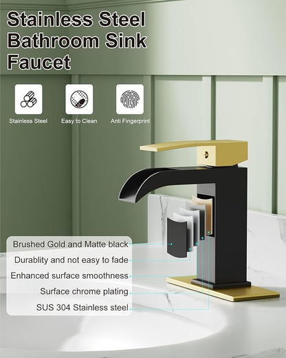 Midanya Waterfall Bathroom Faucet, Single Handle Bathroom Sink Faucet for Sink 1 or 4 Inch 3 Hole, Stainless Steel Vanity Faucets with Deck Plate and Pop up Drain,Brushed Gold and Matte Black