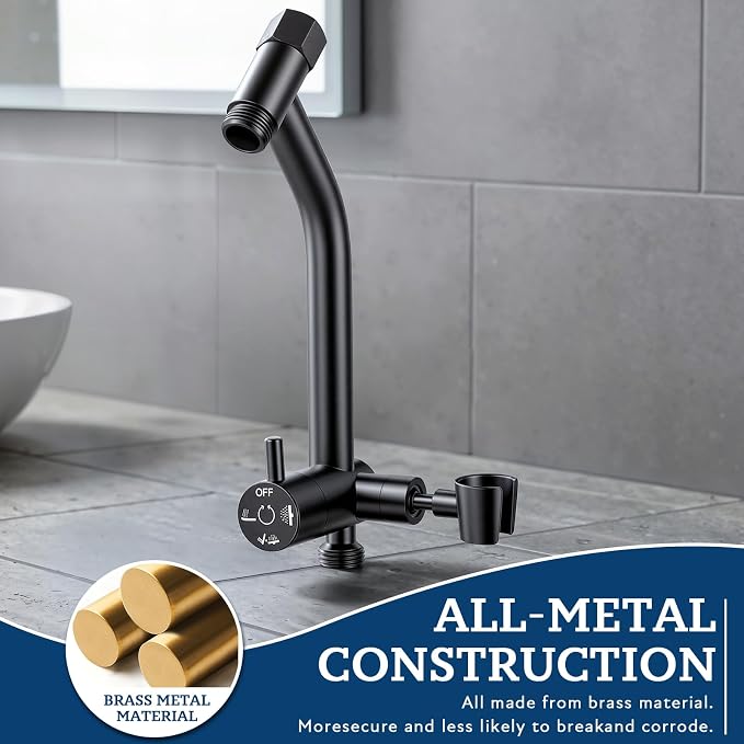G-Promise All Metal Shower Diverter with Low Handheld Holder (Matte Black) | 6 Inch Downward-Extend Bracket for All Heights, 4 Spray Modes with Pause Mode, Anti-Leak, Easy Install, Universal Replacement