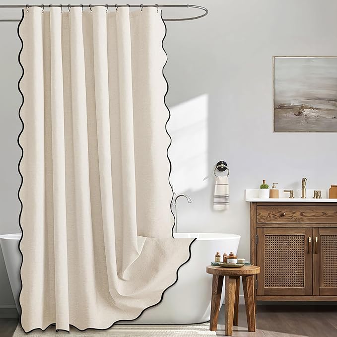 MIULEE 72"x84" Extra Long Scalloped Linen Shower Curtain Light Cream | Linen Textured, Waterproof, Washable, 12 Metal Hooks, Heavy Duty Cloth, Black Border, Shower Curtain for Bathroom Bathtub