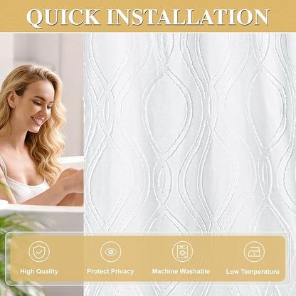 Yinhua No Hook Shower Curtain with Snap in Liner Set, 71" W×74" L, White | Hotel Style with See Through Top Window, Washable Waterproof, Tufted Textured, Hookless Curtain for Bathroom Bathtub