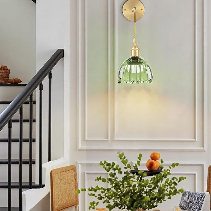 Battery Operated Wall Sconce CCT Dimmable Wireless Sconcesm Vintage Light Fixture with Green Tulip Glass Lampshade Wall Decor Set for Living Room Bedroom Bedside Bathroom 1PC Green