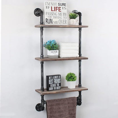 Industrial Pipe Shelf Bathroom Shelves Wall Mounted,19.6in Rustic Wood Shelf with Towel Bar,3 Tier Farmhouse Towel Rack Over Toilet,Pipe Shelving Floating Shelves Towel Holder,Retro Grey