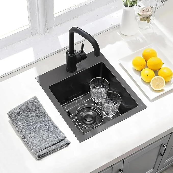 VAPSINT 15x15 Inch Black Drop In Bar Sink, Single Bowl Top Mount Handmade Gunmetal Black Wet Bar Prep RV Sink, 16 Guage Stainless Steel Outdoor Small Kitchen Sinks with Grid & Drain Strainer