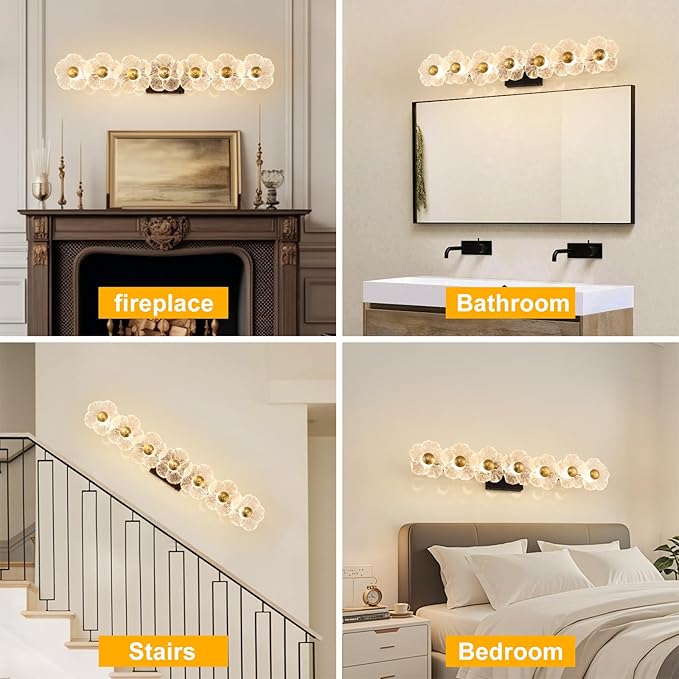 MantoLite Bathroom Light Fixtures Modern Vanity Light Over Mirror Adjustable 3000K-6000K Picture Lights Art Light with Floral Clear Glass Shades for Living Room Bedroom Wall Sconces (7 Light Black)