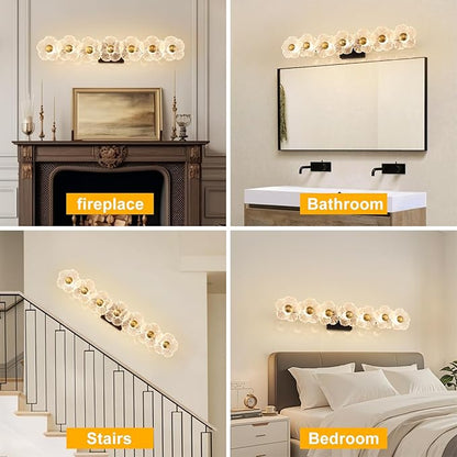 MantoLite Bathroom Light Fixtures Modern Vanity Light Over Mirror Adjustable 3000K-6000K Picture Lights Art Light with Floral Clear Glass Shades for Living Room Bedroom Wall Sconces (7 Light Black)
