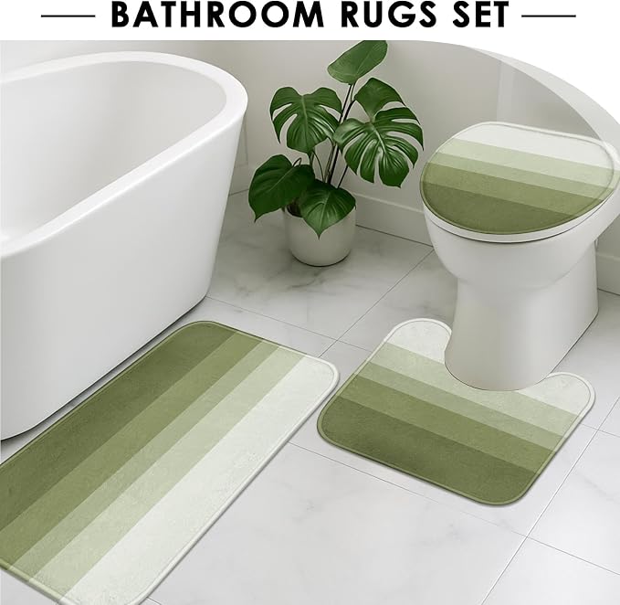 Bathroom Sets with Shower Curtain and Rugs, 4 Pcs, Ombre Striped | Minimalist Green Modern Bathroom Decor Set with Toilet Lid Cover, Non-Slip Bath Mats and Accessories 12 Hooks