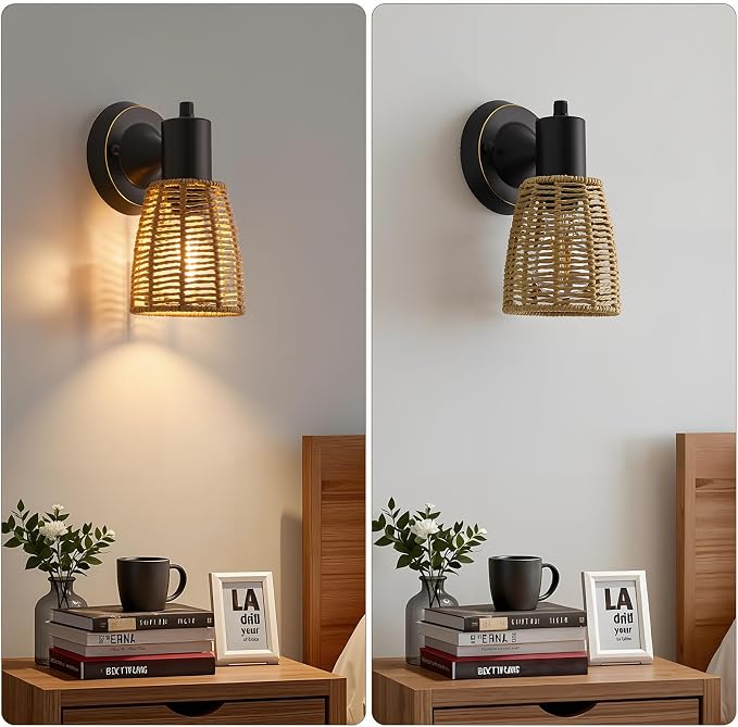 EJIAXIN Boho Rattan Wall Sconces Set of 2 - Vanity Lights for Bathroom Farmhouse Wall Light Fixtures with Rotary Switch - Black Indoor Wall Mount Lighting Rustic Lamp for Bedroom Living Room Hallway