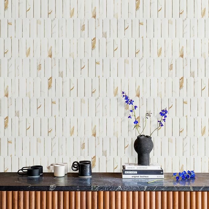 Vamos Tile Peel and Stick Backsplash Seamless Tile,Fish Scale,10 Sheets | Stick on Backsplash for Kitchen & Bathroom,Calacatta Gold+White PVC +Light Gold Self Adhesive Backsplash Tile,11.9''x10.8''