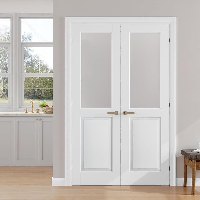 SMARTSTANDARD 48" x 80" Frosted Glass Interior Door Slab, Solid Core | Pre-Assembled French Slab Door for Pantry Laundry Closet Bathroom, without Hardware, White Primed, Paintable Surface
