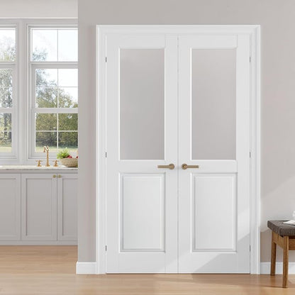 SMARTSTANDARD 48" x 80" Frosted Glass Interior Door Slab, Solid Core | Pre-Assembled French Slab Door for Pantry Laundry Closet Bathroom, without Hardware, White Primed, Paintable Surface