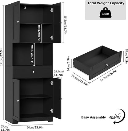 HIFIT Tall Bathroom Storage Cabinet with Drawer, Modern Linen Cabinet,Black | 67"H Tall Storage Cabinet with Doors & Shelves, Freestanding Kitchen Pantry for Bathroom, Dining Room, Laundry, Narrow Corner