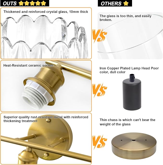 Bathroom Light Fixtures, 4-Light Brushed Gold Vanity Lights for Bathroom with Clear Tulip Glass Shade, 26" Vintage Bathroom Vanity Lighting Fixtures Over Mirror for Bedroom Living Room Hallway