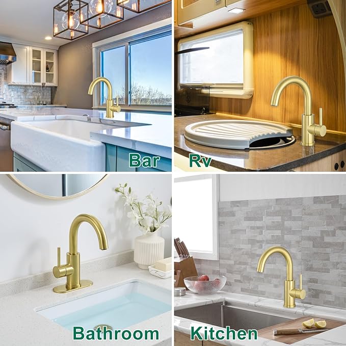 VOTON Bar Sink Faucet, Bathroom Kitchen 360° Rotatable Faucet, Brushed Gold Single Hole Bathroom Faucets Modern Small Mini Kitchen Bath Utility Vanity Outdoor Lavatory Faucets