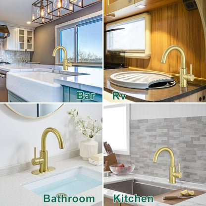 VOTON Bar Sink Faucet, Bathroom Kitchen 360° Rotatable Faucet, Brushed Gold Single Hole Bathroom Faucets Modern Small Mini Kitchen Bath Utility Vanity Outdoor Lavatory Faucets