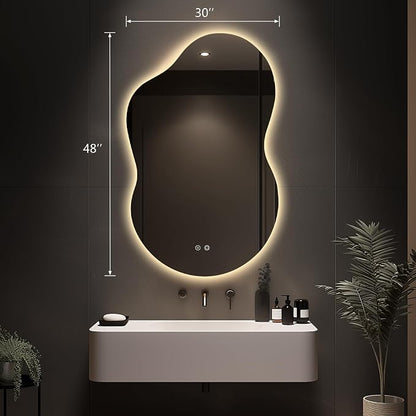 48"x30" Irregular LED Lighted Vanity Mirror for Bathroom, Backlit Only, Anti-Fog, 3-Color Dimmable Lighting, Wall Mount [Horizontal/Vertical]