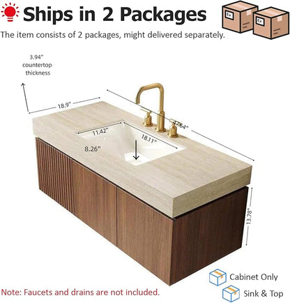 48" Floating Bathroom Vanity with Sink, Bathroom Stroage Vanities with Drawer and 2 Doors, Roma Travertine-Pattern Countertop and 3 Pre-drilled Faucet Holes Ceramic Basin, Pre-Assembled, Dark Oak