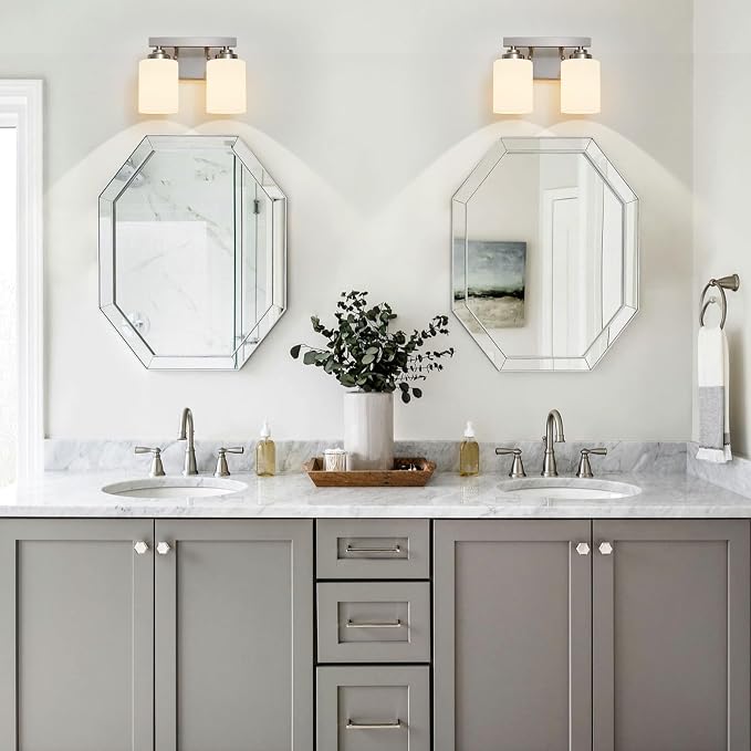 Bathroom Light Fixtures, Vanity Light Over Mirror Nickel 2-Light Fixture | Modern bathroom vanity light fixture with metal frame, ideal for mirrors, bedrooms and hallways. Fits E26 bulbs.