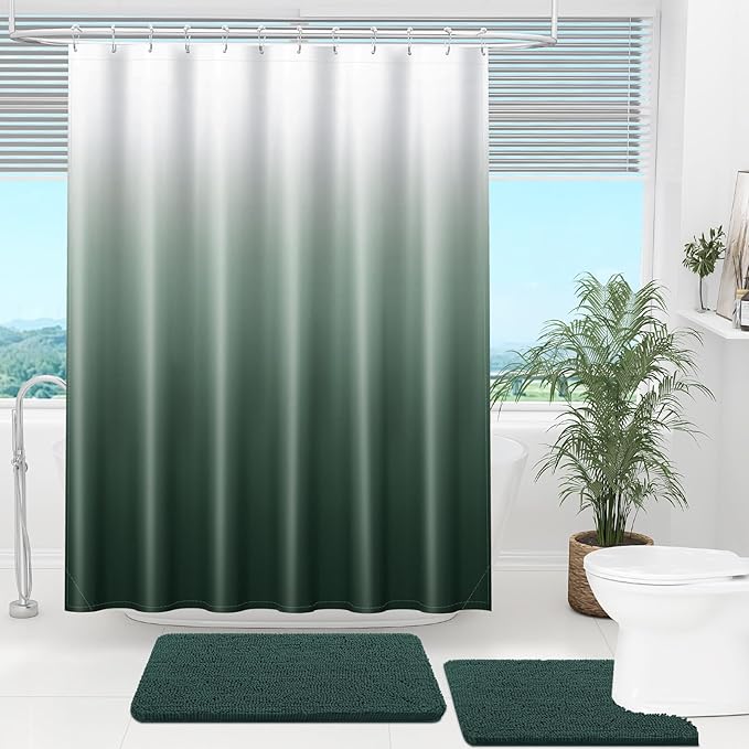 OLANLY Luxury Blackish Green and White Ombre Shower Curtain Sets with 12 Hooks, Waterproof and Washable Decorative Shower Curtains for Bathroom, 72x72 Inches