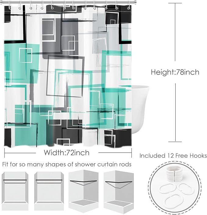 Teal Geometric Shower Curtain with Hooks Mid Century Modern Neutral Geometric Fabric Shower Curtain Modern Design Teal and Grey Pattern Abstract Bathroom Curtains Shower Set, 78Lx72W inches