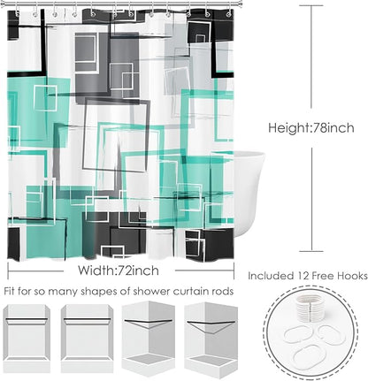 Teal Geometric Shower Curtain with Hooks Mid Century Modern Neutral Geometric Fabric Shower Curtain Modern Design Teal and Grey Pattern Abstract Bathroom Curtains Shower Set, 78Lx72W inches