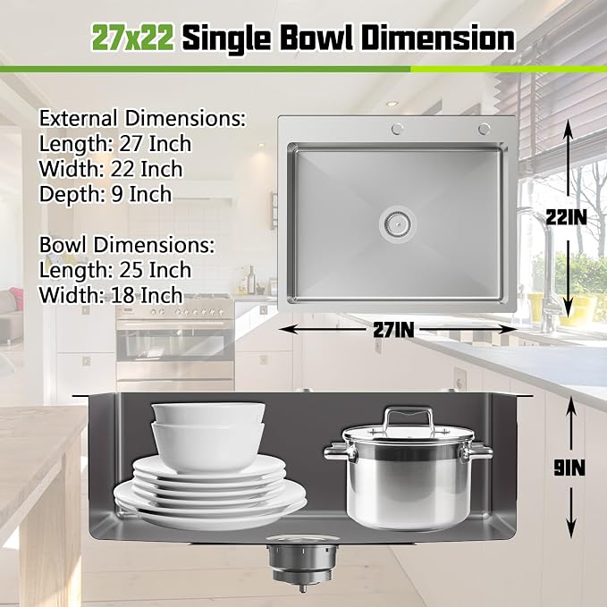 Kitchen And Bar Sink, 27x22 Inch Stainless Steel Drop In Modern Single Bowl Topmount Kitchen And Bar Sink Combo-Silicon Mat,Drain Strainer Set Compatibility With Various Kitchen&Bar Style