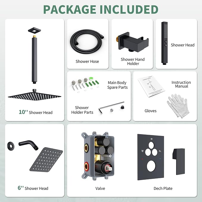 SunCleanse 3-Way Matte Black Shower System w/Handheld for Couple | 10" rain head, 6" wall spray, handheld wand, push-button diverter, anti-scald valve, easy-clean nozzles