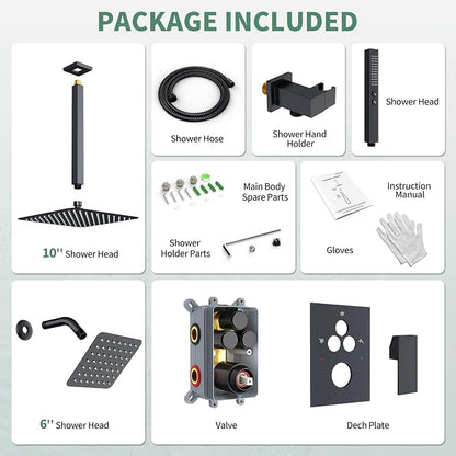 SunCleanse 3-Way Matte Black Shower System w/Handheld for Couple | 10" rain head, 6" wall spray, handheld wand, push-button diverter, anti-scald valve, easy-clean nozzles