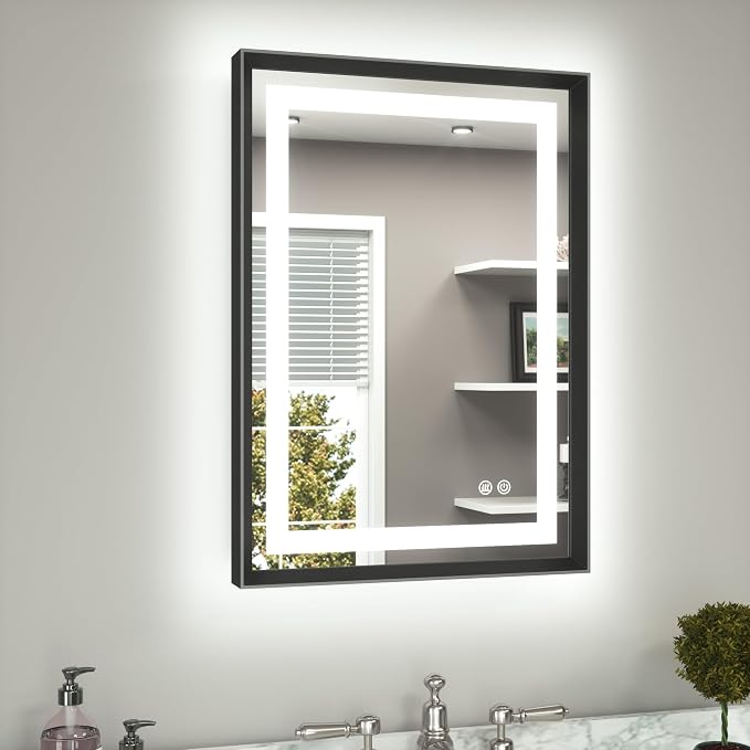20 x 28 Bathroom LED Mirror Brushed Black Metal Frame Frontlit & Backlit Vanity Mirror Anti-Fog Stepless Dimmable 3 Colors White/Warm/Natural Mirror with Lights Wall-Mounted