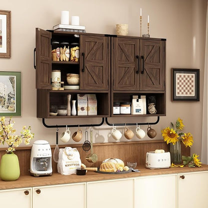 RUSTOWN Farmhouse Wall Storage Cabinet with Two Barn Door, Rustic Mounted Medicine Cabinet with Adjustable Shelf and Towel Bar, 3-Tier Wood Cabinet for Kitchen, Bathroom, Living Room (Dark Walnut)