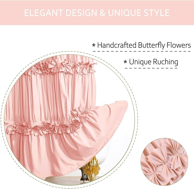 Homechoice Decor 2-Piece Peach Shower Curtain, 72" W x 72" H x 2 Panels | Soft Fabric Double Panels for Easy Access, Cozy Brushed Texture, Ruffle Design, Everyday Bathroom Décor (LQ-44)