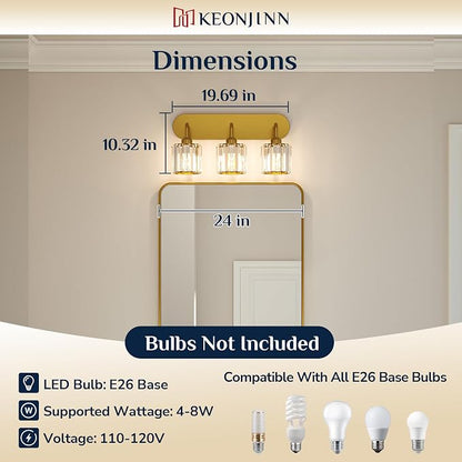 Keonjinn 3-Light Gold Bathroom Light Fixtures Over Mirror, Crystal | Vanity Lighting Fixture with Square Shades, Dimmable, Vintage Style, Compatible with E26 Base LED Bulbs (Blub Not Included)