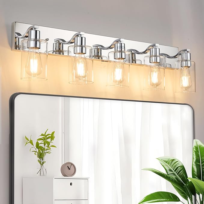 5 Lights Bathroom Light Fixtures Chrome Vanity Light with Clear Glass Shade 36in Modern Bathroom Lighting Fixtures Over Mirror for Bedroom/Living Room