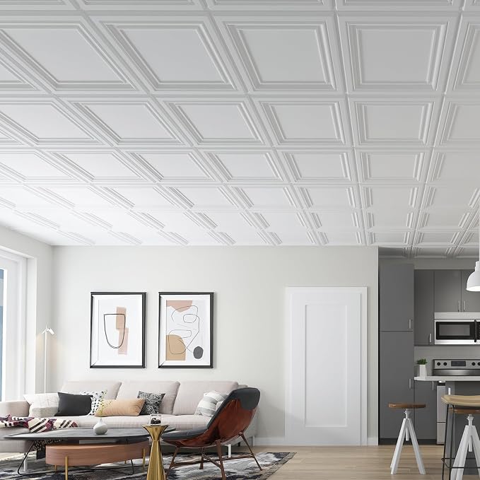 Art3d PVC Ceiling Tiles, 3D Plastic Sheet in White, 2 x 2 ft, 24-Pack | Lightweight, Waterproof, No Sag and Breakage, Compatible with Grid System, Perfect for Basement, Kitchen
