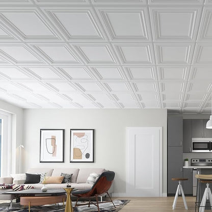 Art3d PVC Ceiling Tiles, 3D Plastic Sheet in White, 2 x 2 ft, 24-Pack | Lightweight, Waterproof, No Sag and Breakage, Compatible with Grid System, Perfect for Basement, Kitchen