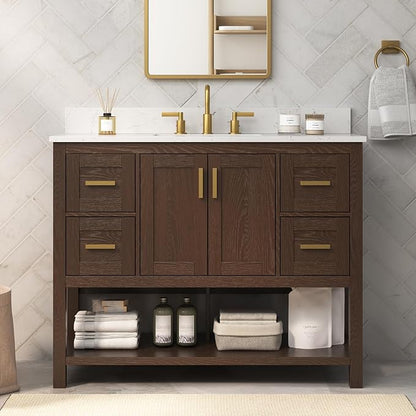 42 Inch Bathroom Vanity with Sink, Fully-Assembled, Walnut | Farmhouse Bathroom Vanity Cabinet with Solid Wood Frame, Soft-Close Drawers & Open Shelf, Ceramic Sink & Backsplash