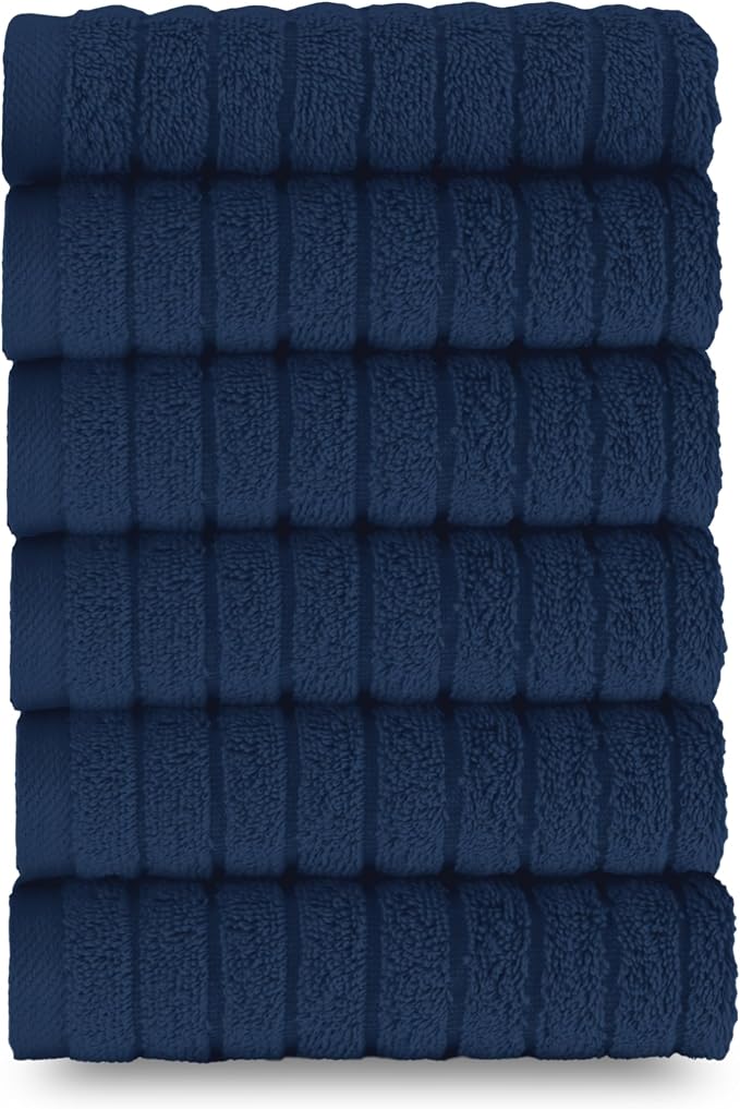 Elegant Comfort 100% Turkish Cotton Corduroy Ribbed Luxury Washcloths 6 Pack Soft 13 x 13 Inch - Higly Absorbent, Durable, Quick Dry, Spa Premium Hotel Quality for Bathroom or Travel, Navy