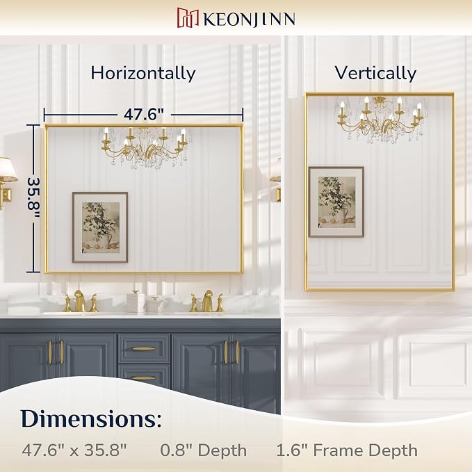 Keonjinn 48x36 Inch Gold Bathroom Mirror for Over Sink, Rectangular | HD Tempered Glass, Vanity Mirror, Brushed Framed, Square Corner, Modern Farmhouse, Wall Mounted Mirrors, Aluminum Alloy