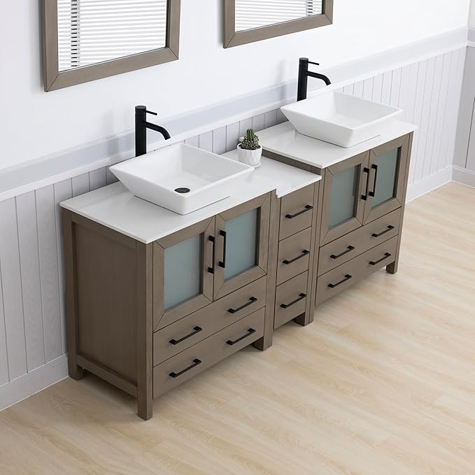 Vanity Art 72 Inch Vessel Double Sink Bathroom Vanity Cabinet with 2 Mirrors, Engineered Marble Top Bathroom Cabinet Compact Set with 7 Dovetail Drawers and Soft Closing Doors, VA3130-72DG