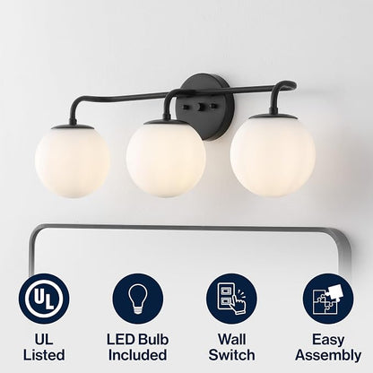 JONATHAN Y Louis Parisian Globe 25" Vanity 3-Light, Black | White Frosted Glass Shade, Midcentury Parisian Bistro Style, Metal Wall Lamp, Dimmable, Hardwired, LED Bulbs Included