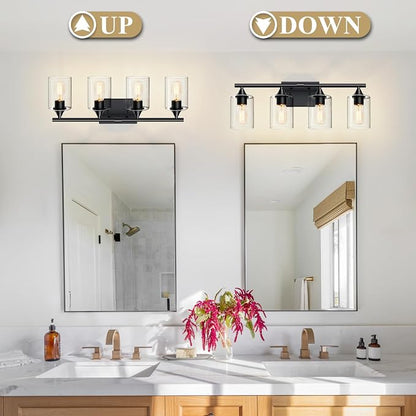 4-Light Bathroom Light Fixtures,Black Bathroom Vanity Light,Bathroom Lights Over Mirror with Clear Glass Shade,Modern Sconce Wall Lighting for Mirror Bedroom Vanity Hallway
