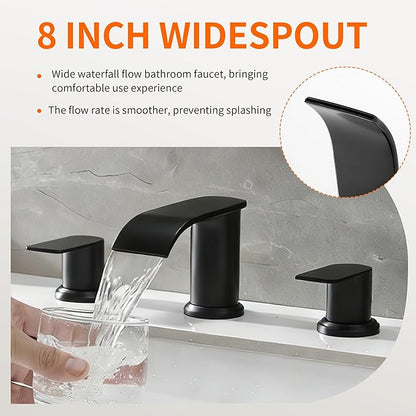 Waterfall Bathroom Faucet 3 Holes, 8 Inch Widespread Faucet 2 Handle Lead-Free Black, Bathroom Faucet with Water Supply Lines Pop Up Drain, Bathroom Basin Lavatory Mixer Tap with Deck Mount Plate